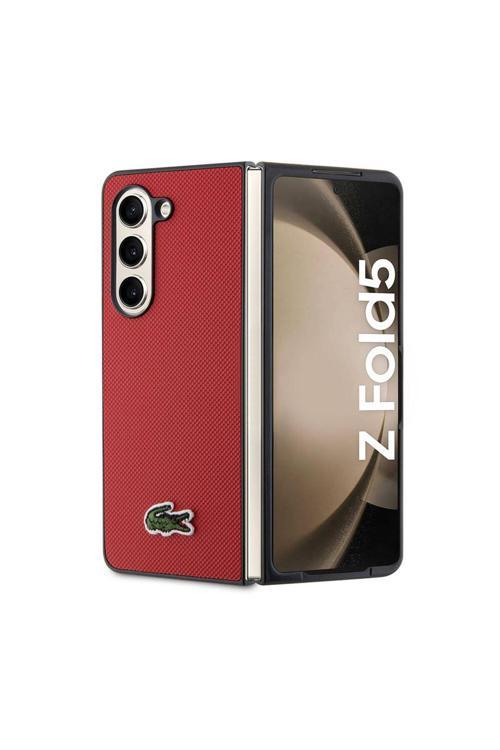 Galaxy Z Fold 5 Uyumlu Kılıf Lisanslı Pu Pike Desenli İkonik Timsah Logolu Kırmızı