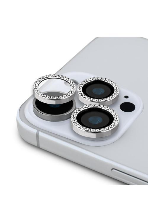 16 Pro Uyumlu Lisanslı Rhinestone Taşlı Kamera Lens Koruyucu Gümüş
