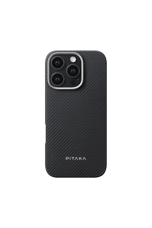 İphone 16 Pro Kılıf Magsafeli 600D Aramid Fiber Pitaka Ultra-Slim Classic Serisi Black-Grey Twill