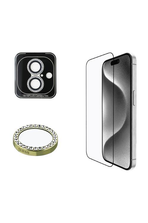 İphone 16 Lisanslı Rhinestone Ekran Ve Taşlı Lens Koruyucu 2'Li Aksesuar Seti Gold