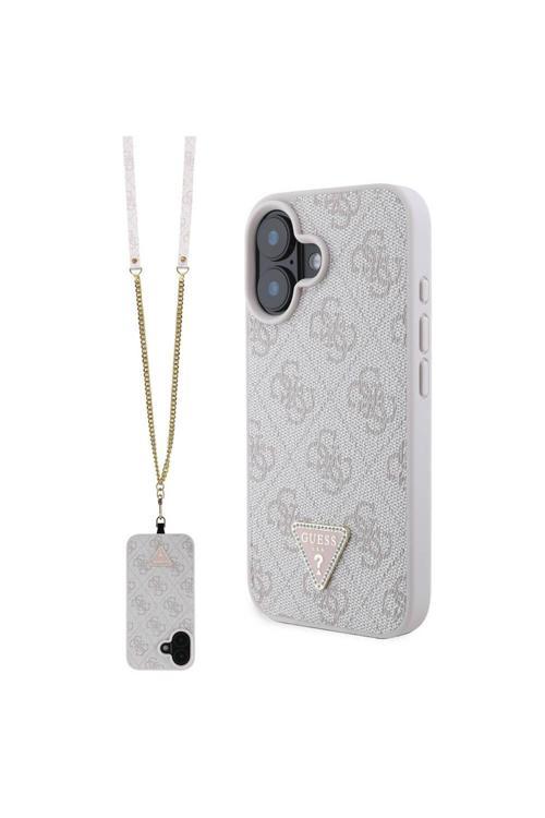 İphone 16 Uyumlu Kılıf Lisanslı Pu Deri Taşlı Metal Logolu Çapraz Vücut Askılı 4G Desenli Pembe