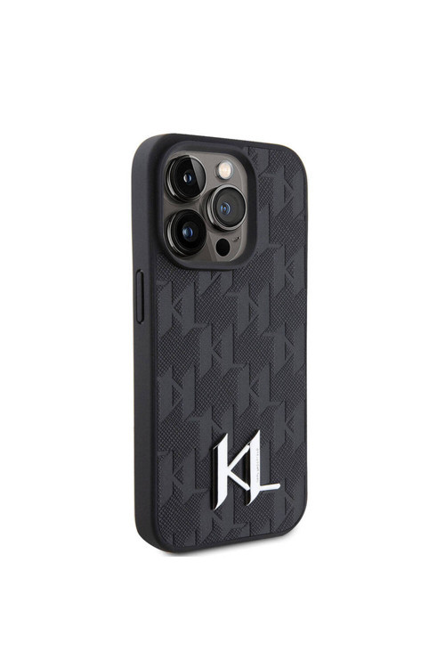 İphone 15 Pro Uyumlu Kılıf Hot Stamp K&L Metal Logo Lisanslı Kapak Siyah