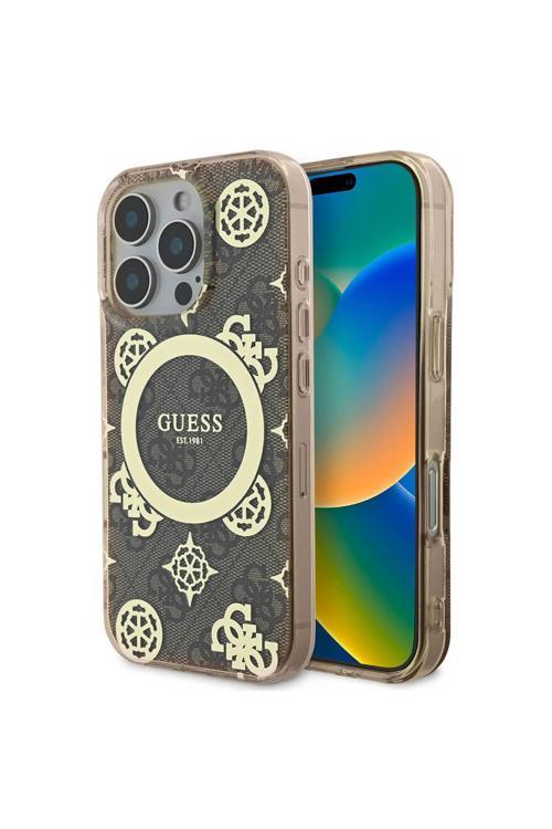 İphone 16 Pro Kılıf Lisanslı Magsafe Özellik Iml Peony Ve 4G Desenli Klasik Logolu Kahverengi