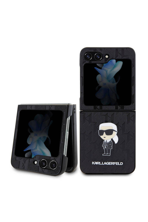 Galaxy Z Flip 5 Uyumlu Kılıf Lisanslı Kl Desenli Karl İkonik Saffiano Kapak Siyah