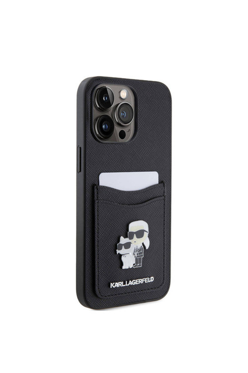 İphone 15 Pro Max Uyumlu Kılıf Kartlıklı Metal Logo Lisanslı Kapak Siyah