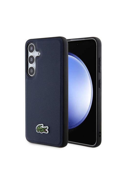 S24 Uyumlu Kılıf Lisanslı Pu Pike Desenli Arka Yüzey İkonik Timsah Dokuma Logolu Lacivert