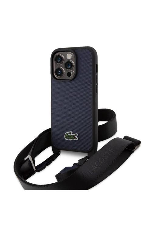 İphone 14 Pro Kılıf Lisanslı Pu Pike Desen Askılı İkonik Timsah Dokuma Logo Lacivert