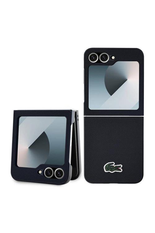 Galaxy Z Flip 6 Uyumlu Kılıf Lisanslı Pu Pike Desenli Yüzey İkonik Timsah Dokuma Logo Siyah