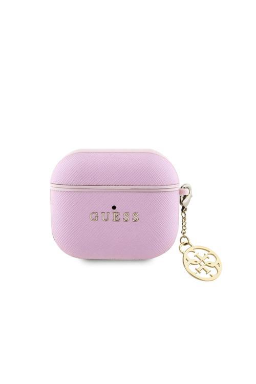Airpods 3.Nesil Uyumlu Kılıf Lisanslı Dokulu 4G Yuvarlak Charm Saffiano Kılıf Pembe