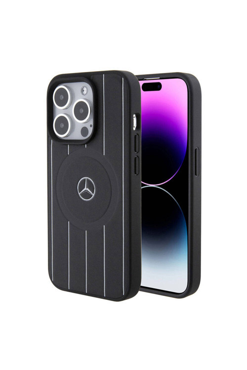 İphone 15 Pro Kılıf Lisanslı Magsafe Şarjlı Baskı Logolu Deri Siyah