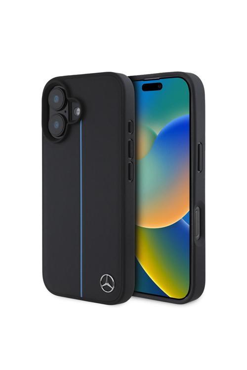 İphone 16 Kılıf Lisanslı Magsafe Özellikli Metal Yıldız Logolu Mavi Çizgili Deri Siyah