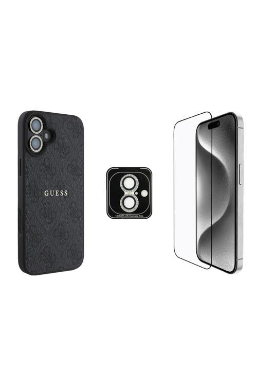 İphone 16 Plus Lisanslı 3'Lü Aksesuar Seti Kılıf-Ekran Koruyucu-Lens Koruyucu Siyah