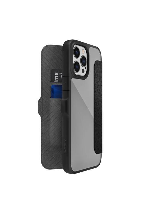 İphone 13 Pro Max Kılıf Vegan Deri Tasarımlı Şeffaf Kartlıklı Raptic Urban Folio Serisi Kapak Siyah