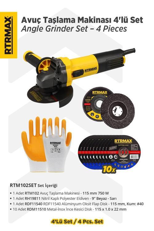 RTM102SET Avuç Taşlama Makinası 4'lü Set - Eldiven-Kesici Disk-Flap Disk