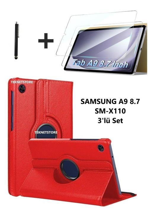 Samsung Galaxy Tab A9 8.7 Inç Tablet Uyumlu 360 Döner Pu Deri Kılıf Seti Sm-x110