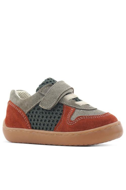 Bob Hakiki Deri Gri Yeşil Barefoot Cırtlı Lastikli Bebek Sneaker Ayakkabı