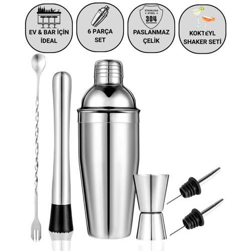6 Parça 750ML Paslanmaz Çelik Kokteyl Shaker Seti – Ev ve Bar İçin İdeal, Sızdırmaz kapaklı