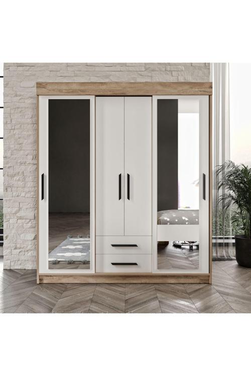 Ildır Çift Sürgülü 2 Kapaklı 2 Çekmeceli Gardrop Beyaz Tamamı Mdf