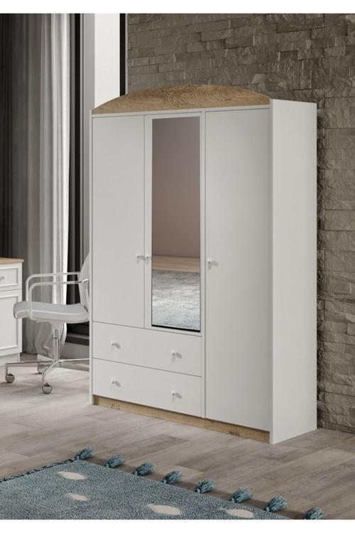 Lucia Aynalı 3 Kapaklı 2 Çekemeceli Tamamı Mdflam Gardrop Beyaz Meşe