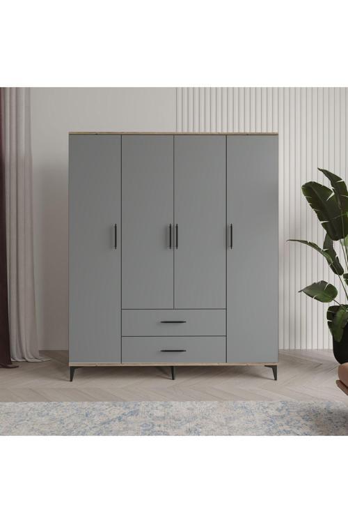 Urla 4 Kapaklı 2 Çekmeceli Gardrop Tamamı Mdf( Atlas Çam Buz Gri )