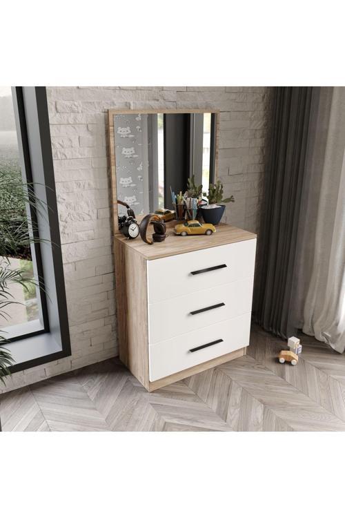 3 Çekmeceli Şifonyer Aynalı Tamamı Mdf  Flora Beyaz
