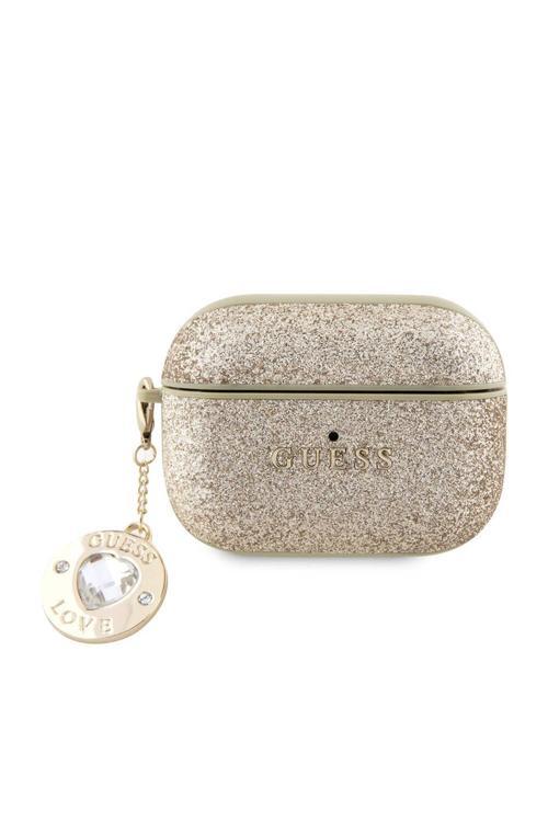 Airpods Pro 2 Uyumlu Kılıf Lisanslı Glitter Elmas Kalp Süs Zincirli Gold