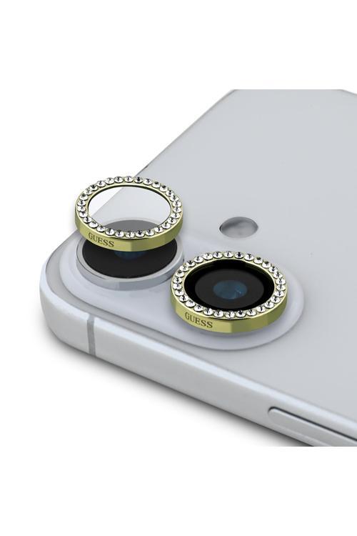 İphone 16 Plus Lisanslı Rhinestone Taşlı Kamera Lens Koruyucu Gold