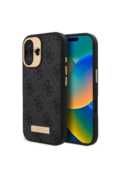 İphone 16 Uyumlu Kılıf Lisanslı Magsafe Özellik Pu 4G Desenli Metal Plaka Klasik Logolu Siyah