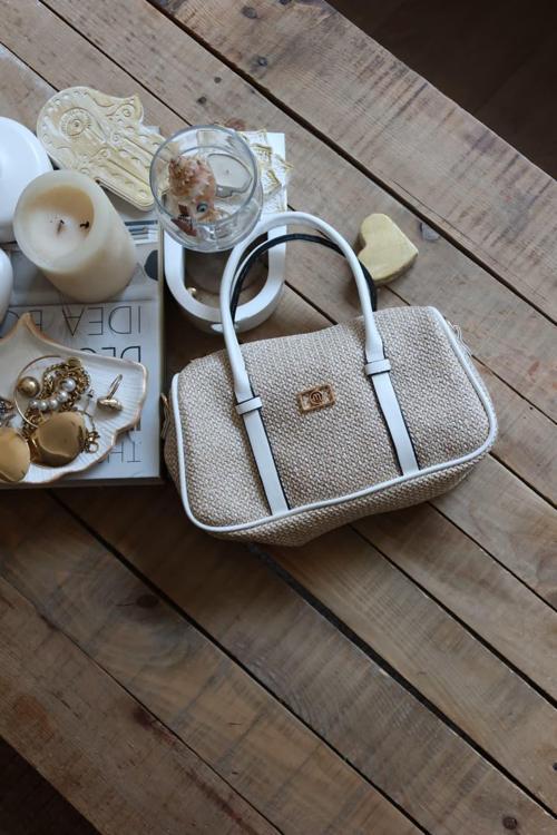  Beyaz Hasır Doku Çift Şeritli El Omuz Çantası