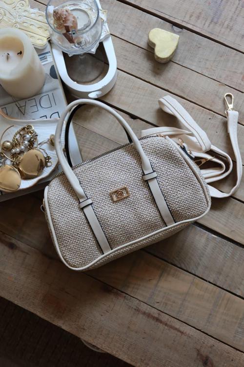  Krem Hasır Doku Çift Şeritli El Omuz Çantası