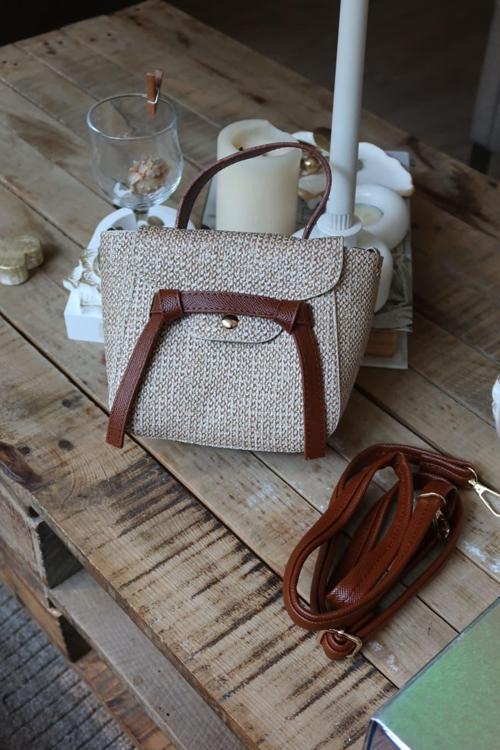 taba hasır doku şerit detaylı tutma saplı el omuz çantası