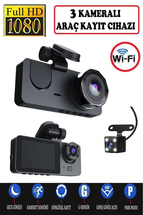 3 Kameralı /1080p Ultra Kaliteli/ Wifi Özellikli/G-Sensör/Gece Görüş/Araç İçi Araç Kamerası