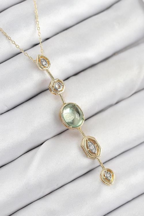 Pirinç Zincir Yeşil Gold Renk Zirkon Taşlı Y Kolye
