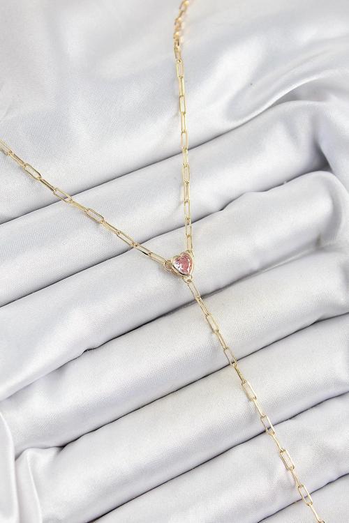 Pirinç Zirkon Taşlı Pembe Kalp Figürlü Y Model Gold Renk Kadın Kolye