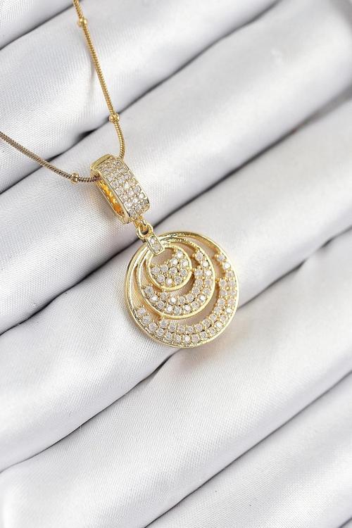 316L Çelik Zirkon Taşlı Çember Model Gold Renk Kadın Kolye