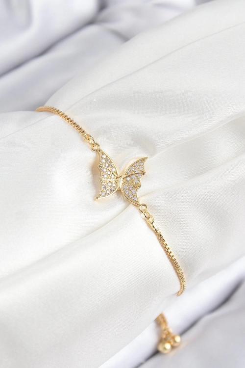 Pirinç Zirkon Taşlı Kelebek Model Gold Renk Asansörlü Kadın Bileklik