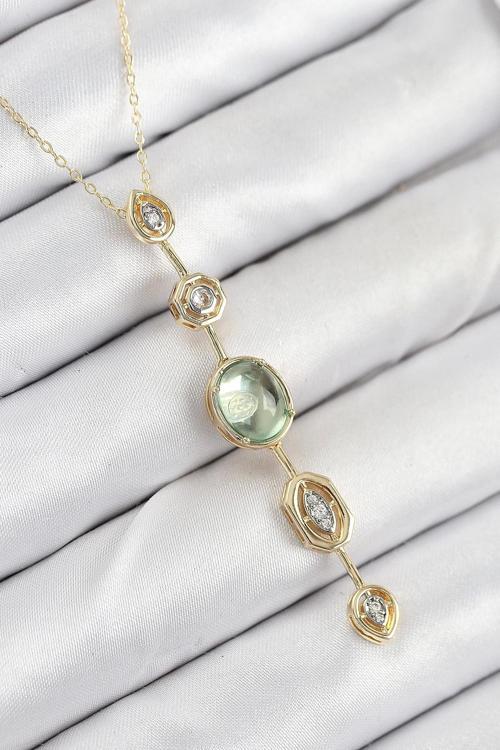 Pirinç Zincir Yeşil Gold Renk Zirkon Taşlı Y Kolye