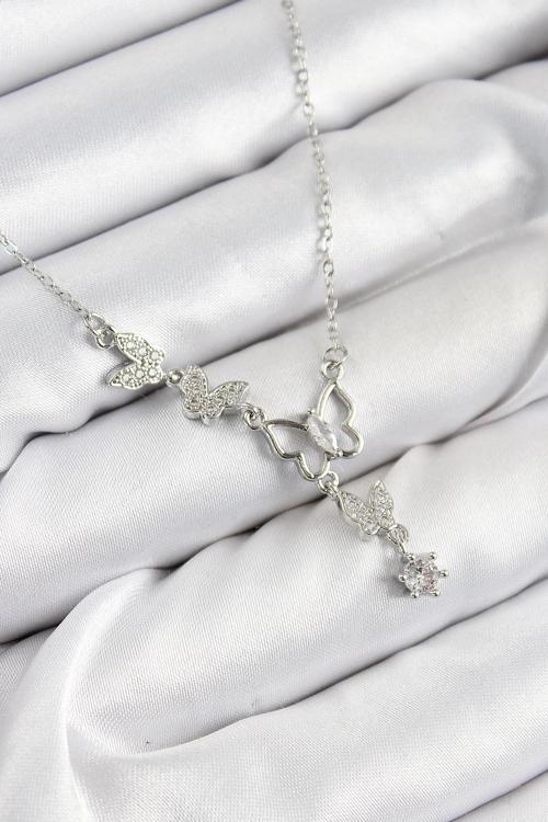 316L Çelik Zirkon Taşlı Kelebek Model Gümüş Renk Kadın Kolye