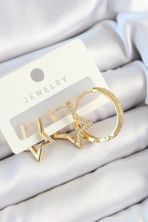 Pirinç Zirkon Taşlı Yıldız Ve Halka Model Gold Renk 3'lü Çift Kadın Küpe Set