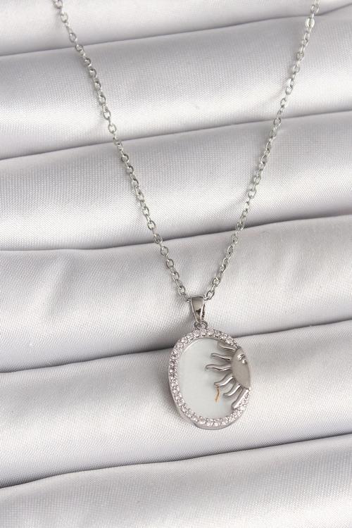 316L Çelik Gümüş Renk Zincir Beyaz Mineli Gün Batımı Model Zirkon Taş Detaylı Kadın Kolye