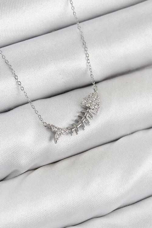 Pirinç Zirkon Taşlı Balık Kılçığı Model Gümüş Renk Kadın Kolye