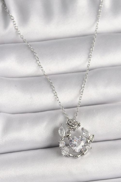 316L Çelik Gümüş Renk Zincir Zirkon Taşlı Kalp Figür Gül Detay Kadın Kolye