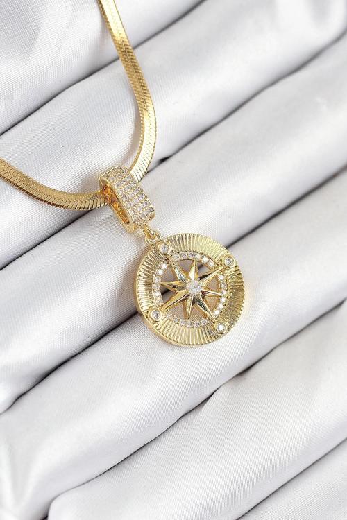316L Çelik Zirkon Taşlı Pusula Model Gold Renk Kadın Kolye