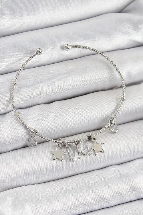 Pirinç Zirkon Taşlı Kelebek Ve Yıldız Model Gümüş Renk Charm Bileklik
