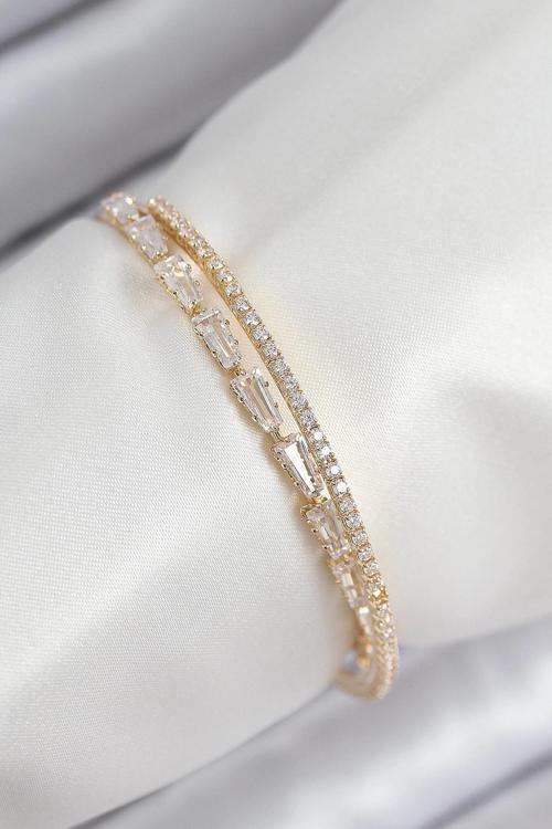 Pirinç Zirkon Taşlı Su Yolu Model Gold Renk Kadın Bileklik