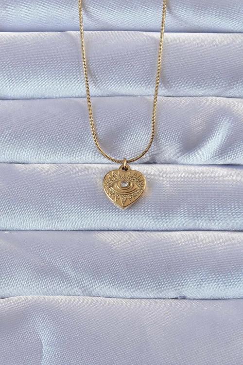 316L Altın Renk Zirkon Taşlı İşlemeli Göz Detay Kalp Kolye