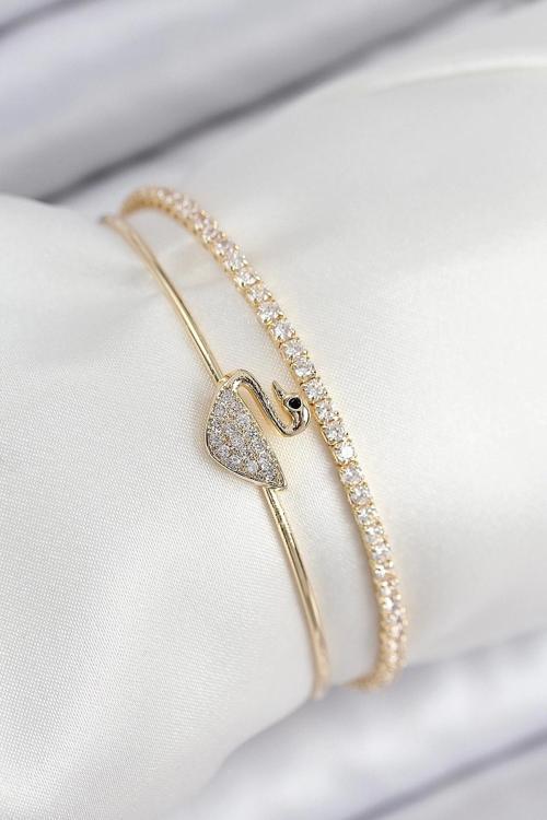 Pirinç Zirkon Taşlı Kuğu Model Gold Renk Kadın Bileklik