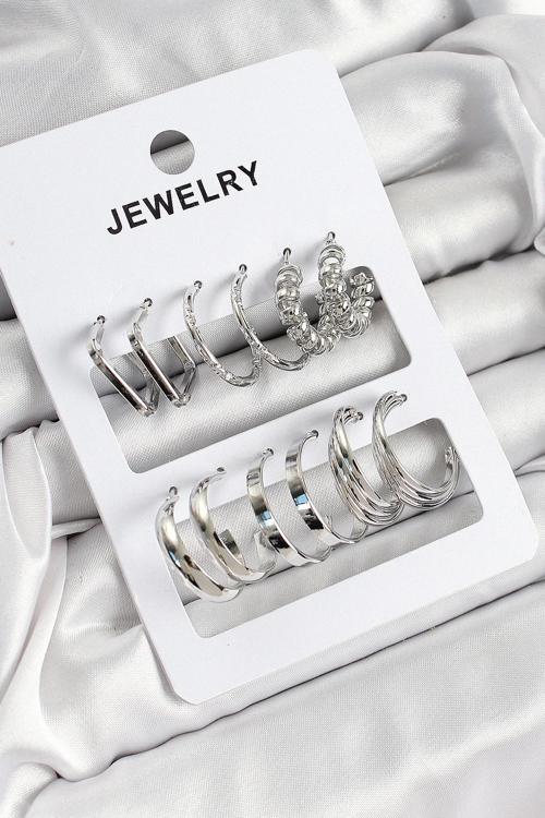 Pirinç Karışık Halka Model Gümüş Renk 6 Çift Kadın Küpe Set