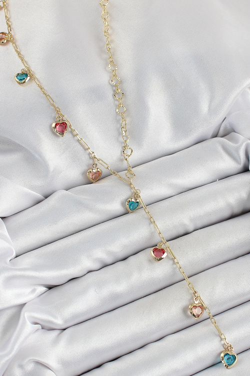 Pirinç Asorti Kalp Model Gold Renk Zirkon Taşlı Y Kolye