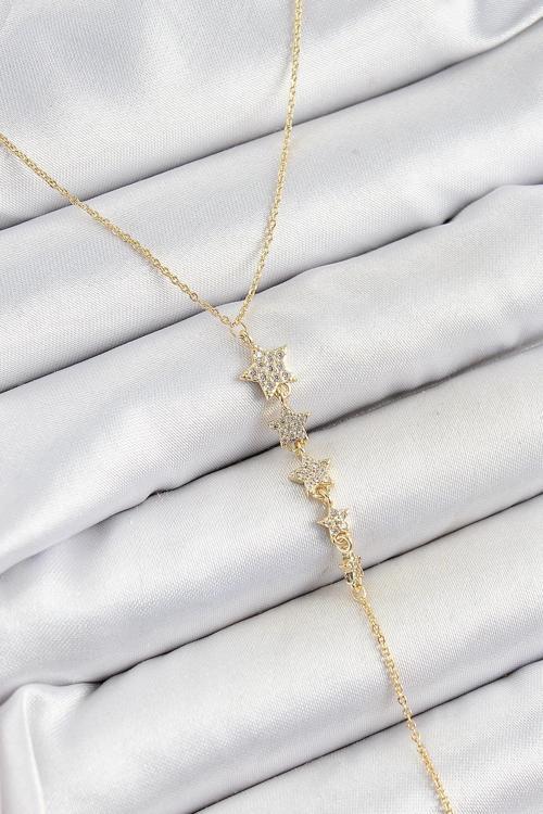 Pirinç Zirkon Taşlı Sıralı Yıldız Figürlü Y Model Gold Renk Kadın Kolye